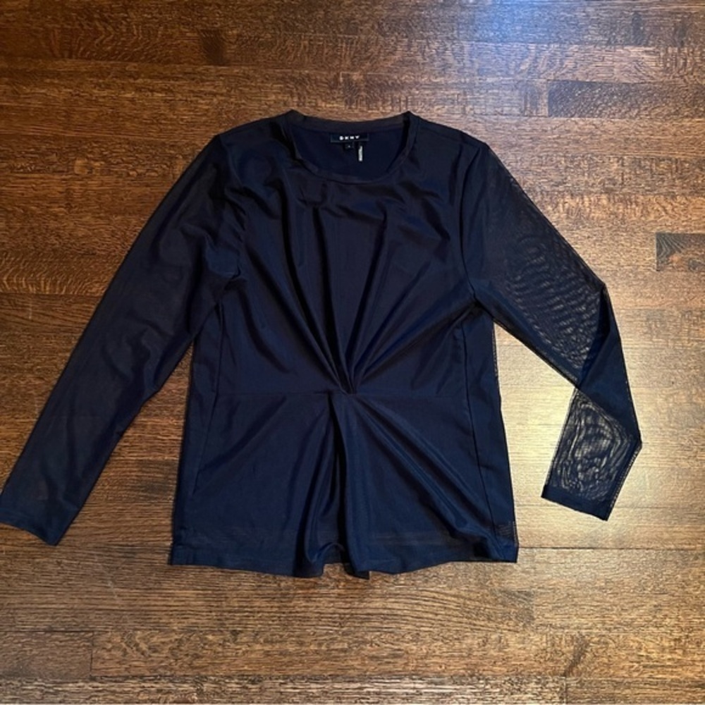 DKNY size large blue top with fine mess sheer sleeves